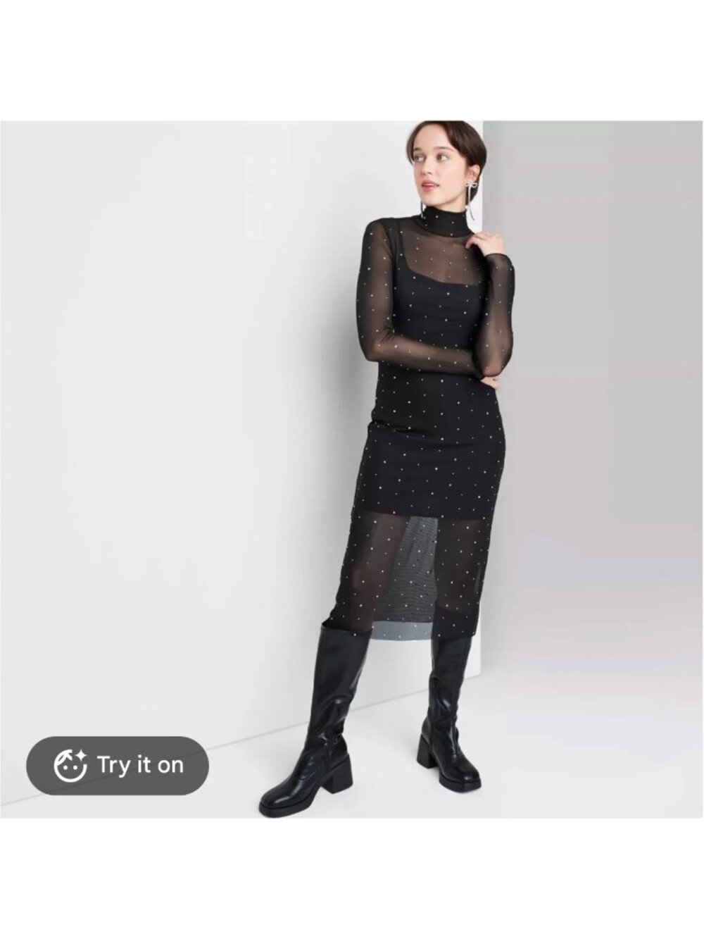 Wild Fable Rhinestone Mesh Long Sleeve Midi Dress in black. Size L NWOT